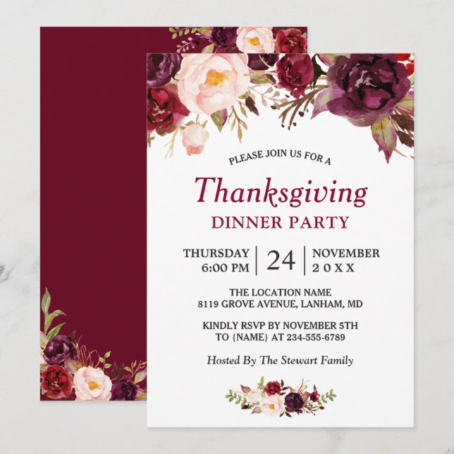 Burgundy Marsala Red Floral Thanksgiving Party Invitation (Front/Back)