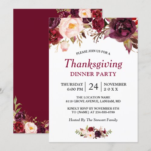 Burgundy Marsala Red Floral Thanksgiving Party Card