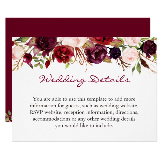 Burgundy Marsala Red Floral Wedding Details Info Card