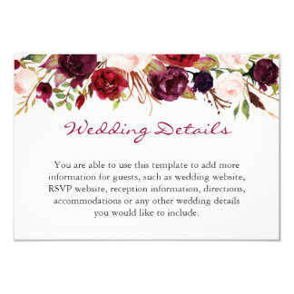 Burgundy Marsala Red Floral Wedding Details Info Card