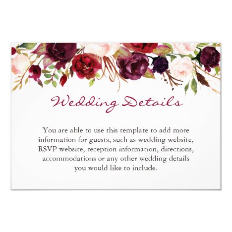 Burgundy Marsala Red Floral Wedding Details Info Card