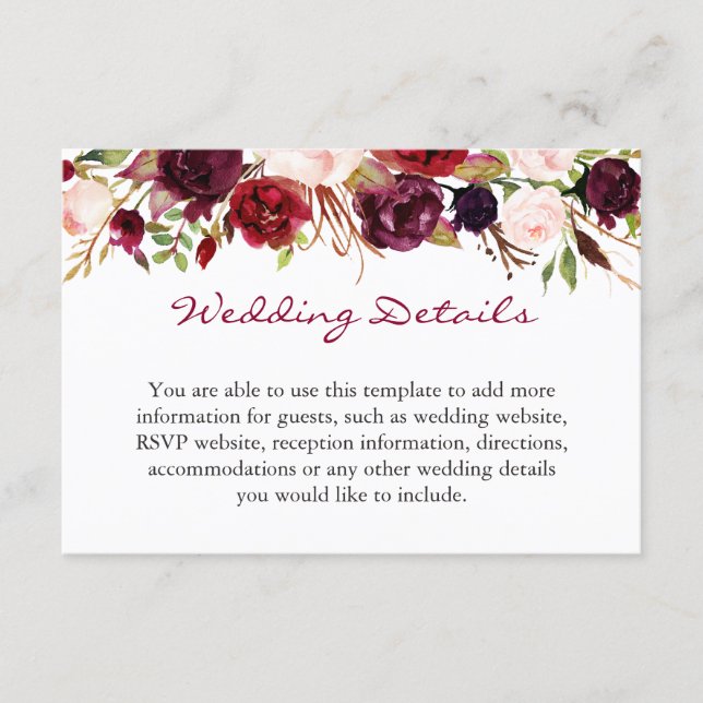 Burgundy Marsala Red Floral Wedding Details Info Enclosure Card (Front)