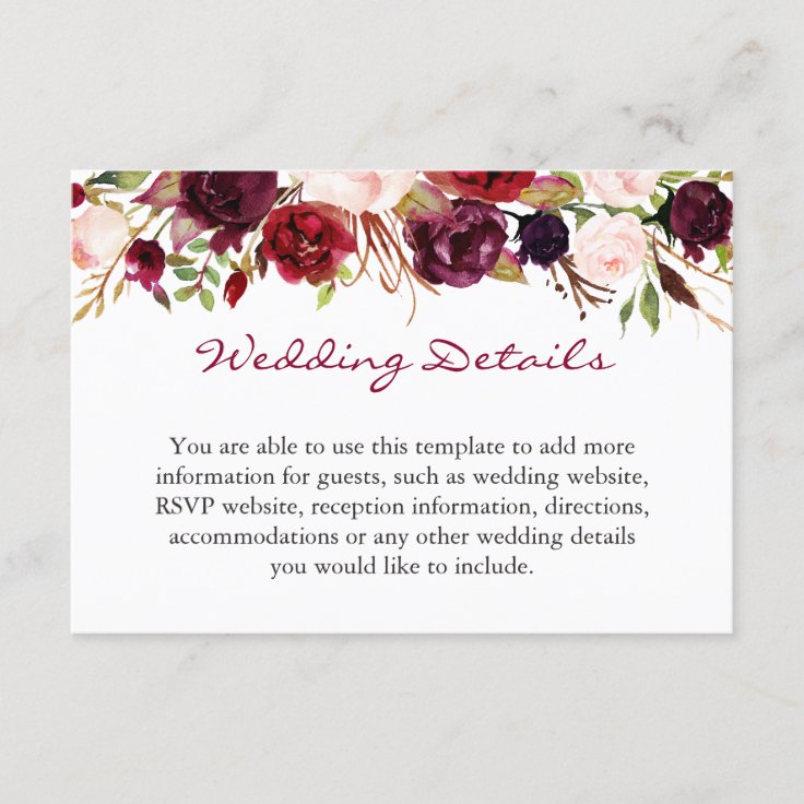 Burgundy Marsala Red Floral Wedding Details Info Card | Zazzlecom