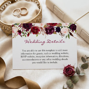Burgundy Marsala Red Floral Wedding Details Info Enclosure Card