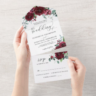 Burgundy Marsala Red Floral Wedding Details RSVP All In One Invitation