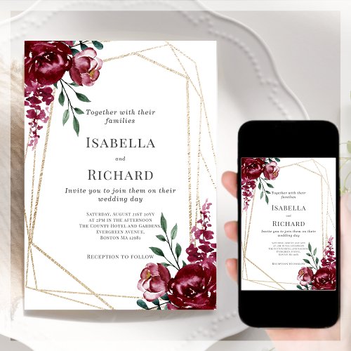  Burgundy  Marsala Red Floral Wedding Invitation