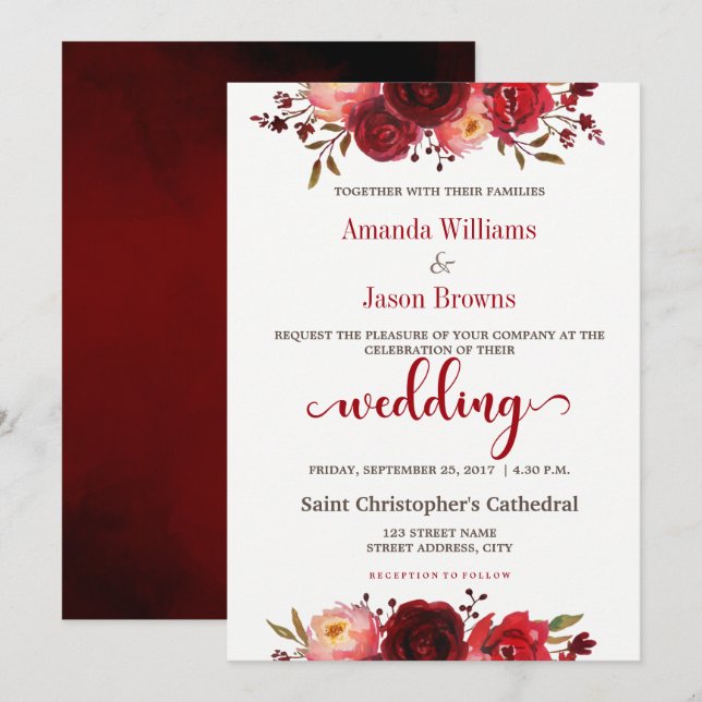 Burgundy Marsala Red Floral Wedding invitation (Front/Back)