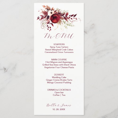 Burgundy Marsala Red Floral Wedding Menu