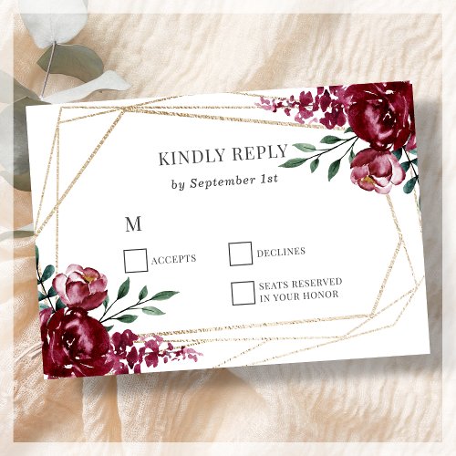 Burgundy  Marsala Red Floral Wedding RSVP Card