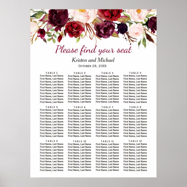 Burgundy Marsala Red Floral Wedding Seating Chart