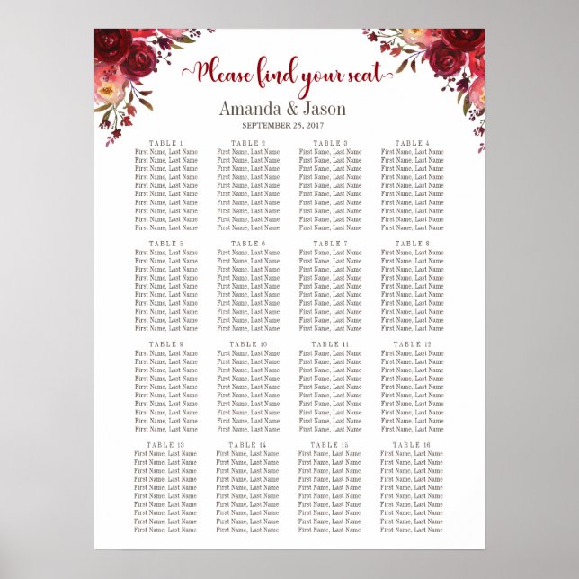 Burgundy Marsala Red Floral Wedding seating chart (Front)