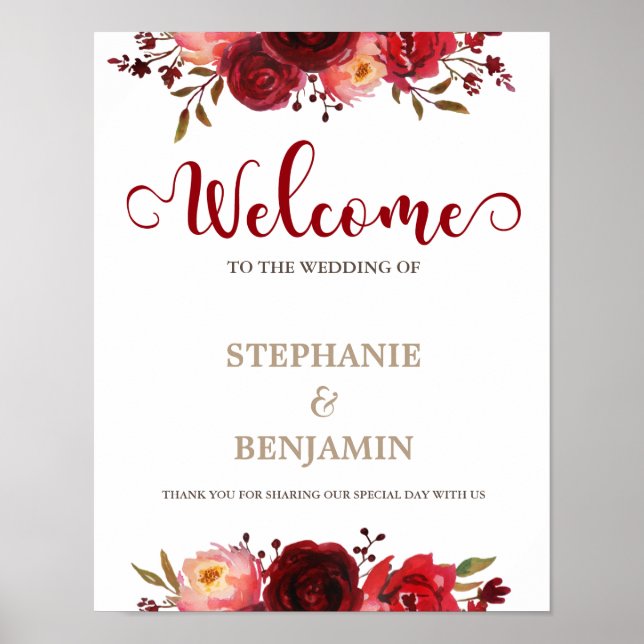 Burgundy Marsala Red Floral Welcome Wedding sign (Front)