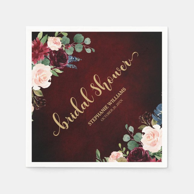 Burgundy Marsala Red Navy Floral Bridal Shower Napkins (Front)