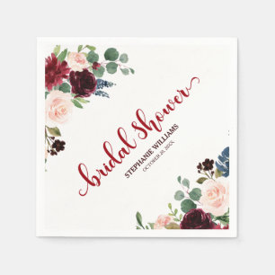 Burgundy Marsala Red Navy Floral Bridal Shower Paper Napkins