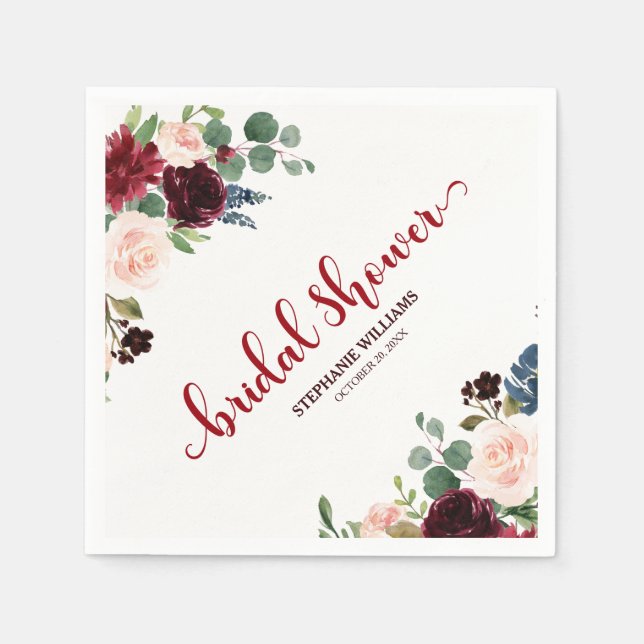 Burgundy Marsala Red Navy Floral Bridal Shower Paper Napkins (Front)