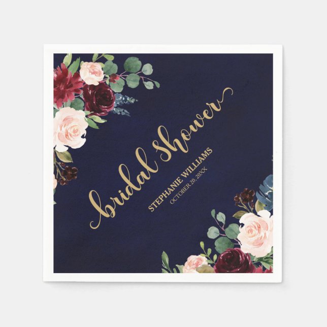 Burgundy Marsala Red Navy Floral Bridal Shower Paper Napkins (Front)