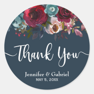 Burgundy Marsala Red Navy Floral Wedding Thank You Classic Round Sticker