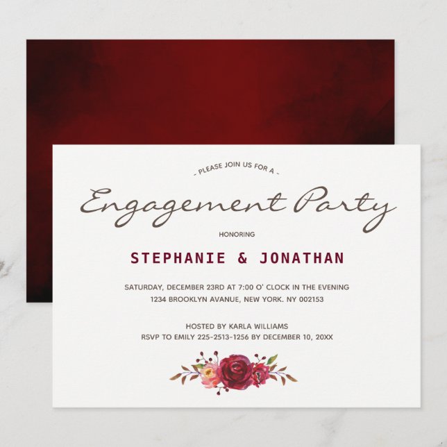 Burgundy Marsala Red Roses Floral Engagement party Invitation (Front/Back)
