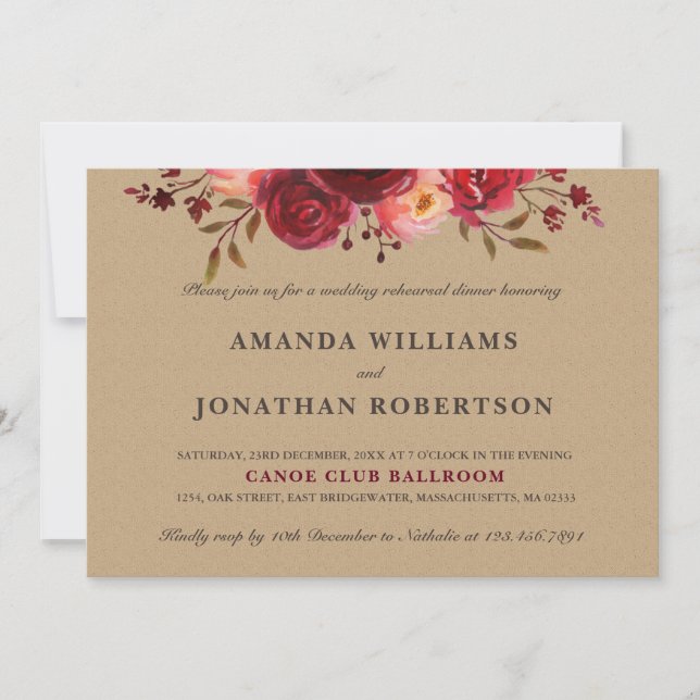 Burgundy Marsala Red Roses Floral Rehearsal dinner Invitation (Front)