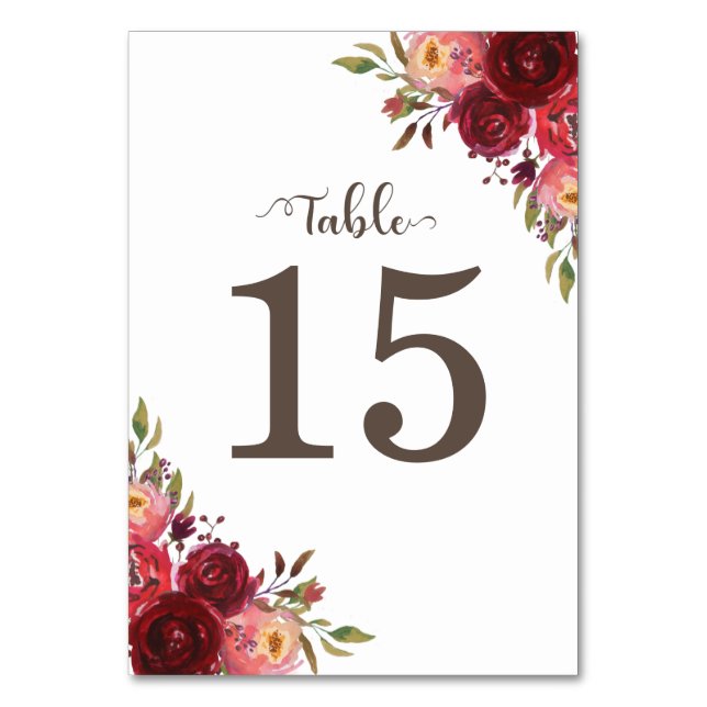 Burgundy Marsala Red Roses Floral  table number (Front)