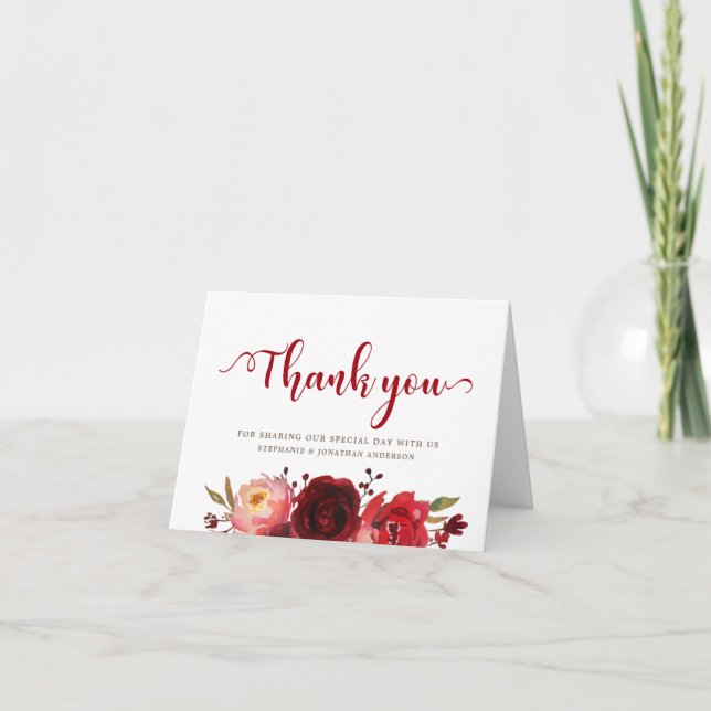 Burgundy Marsala Red Roses Floral Thank you (Front)