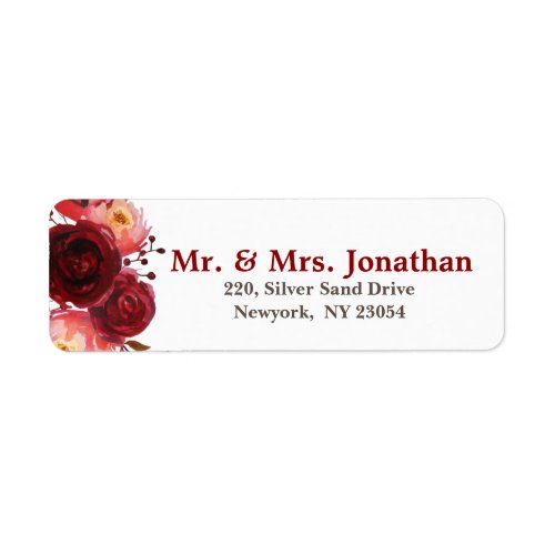 Burgundy Marsala Red Roses Floral Wedding Address Label