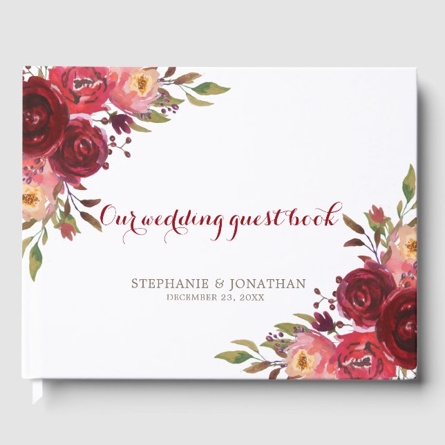 Burgundy Marsala Red Roses Floral wedding Guest Book (Front)