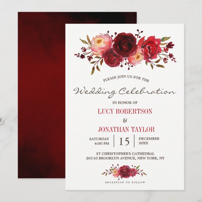 Burgundy Marsala Red Roses Floral Wedding Invitation (Front/Back)