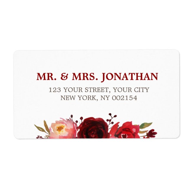 Burgundy Marsala Red Roses Floral Wedding Label (Front)