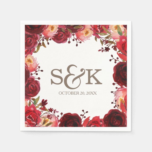 Burgundy Marsala Red Roses Floral Wedding Paper Napkins (Front)