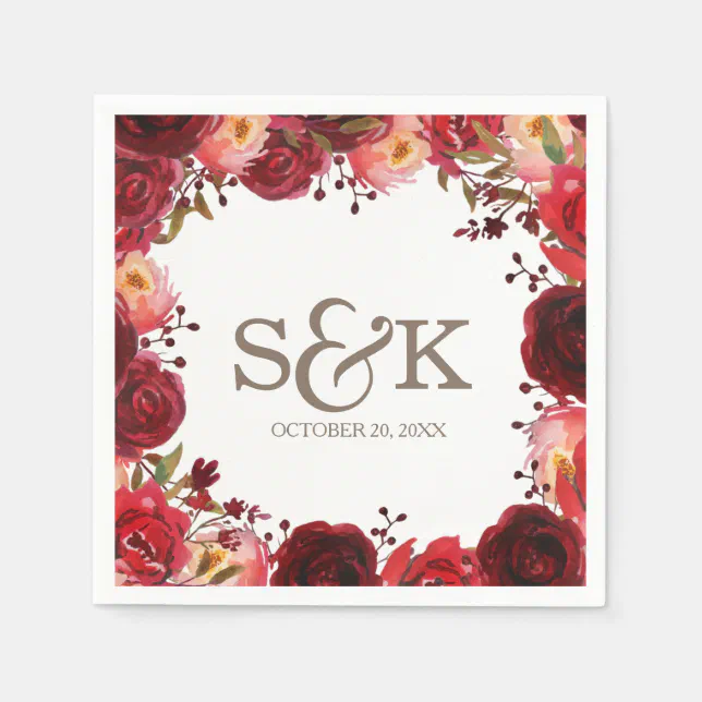 Burgundy Marsala Red Roses Floral Wedding Paper Napkins | Zazzle
