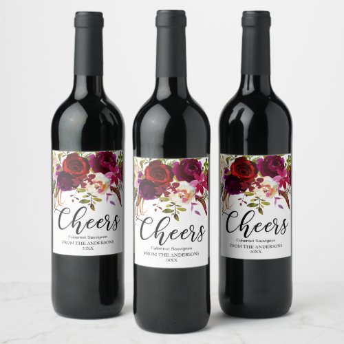 Burgundy Marsala Red Rustic Boho Floral Cheers Wine Label