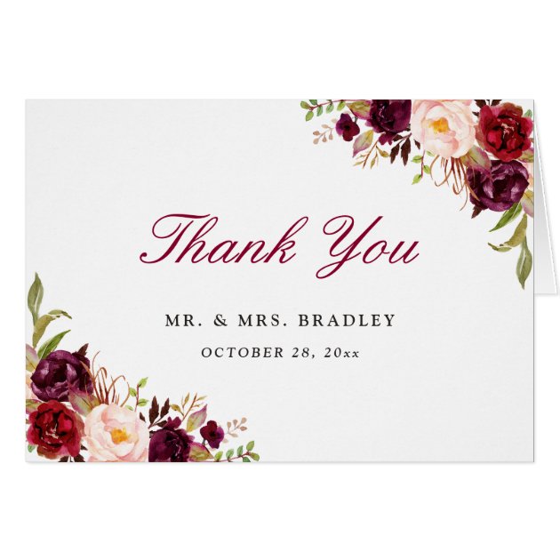 Burgundy Marsala Red Rustic Floral Thank You Card