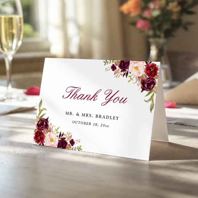 Burgundy Marsala Red Rustic Floral Thank You Card (Creator Uploaded)