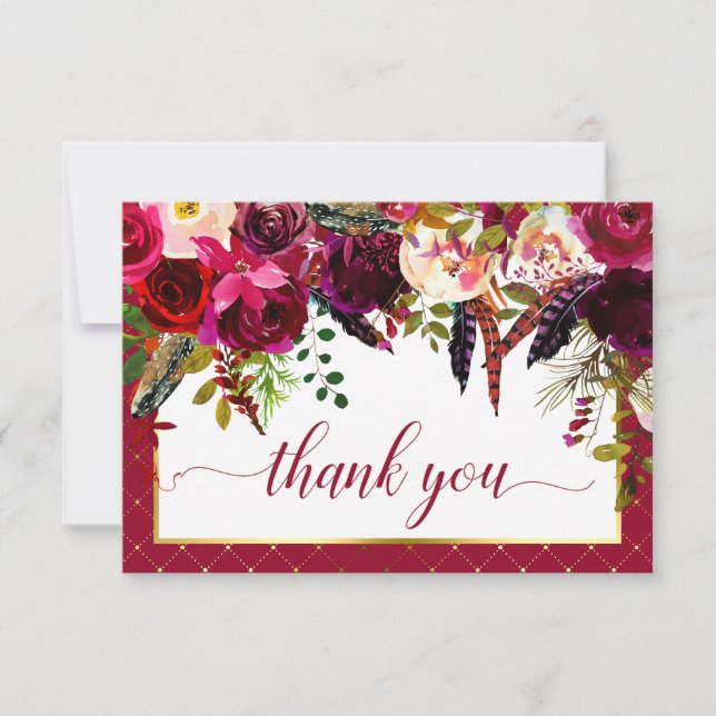 Burgundy Marsala Rustic Floral Chic Thank You Card (Front)