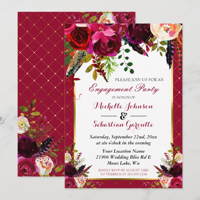 Burgundy Marsala Rustic Floral Engagement Party Invitation (Front/Back)