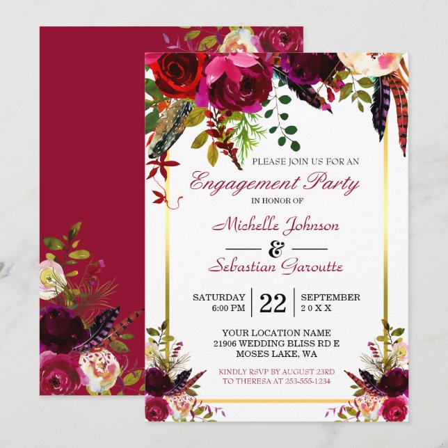 Burgundy Marsala Rustic Floral Engagement Party Invitation (Front/Back)
