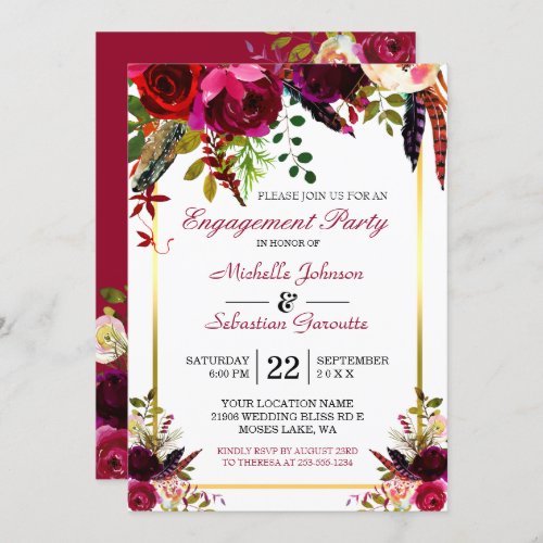Burgundy Marsala Rustic Floral Engagement Party Invitation