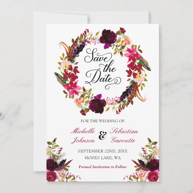 Burgundy Marsala Rustic Floral Save the Date (Front)