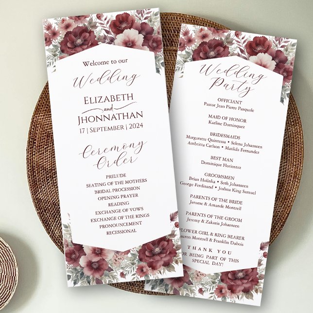 Burgundy Marsala Rustic Floral Watercolor Wedding Program (Creator Uploaded)