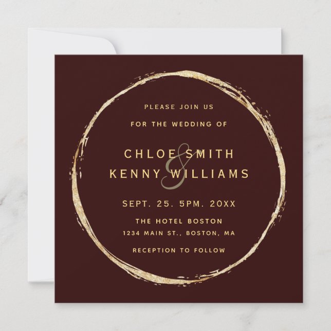 Burgundy Marsala Rustic Gold Circle Wedding Square Invitation (Front)