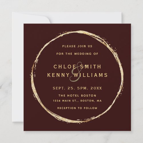 Burgundy Marsala Rustic Gold Circle Wedding Square Invitation