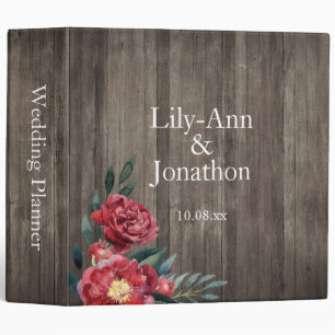 Burgundy Marsala & Rustic Woodgrain Floral 3 Ring Binder