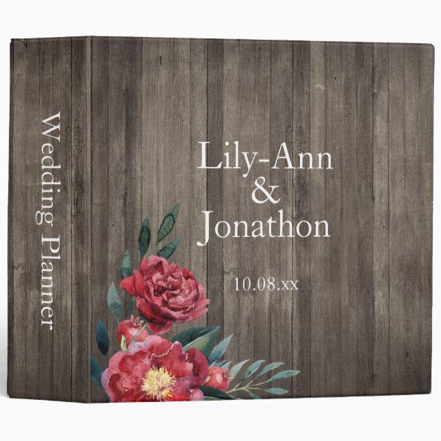 Burgundy Marsala & Rustic Woodgrain Floral 3 Ring Binder (Front/Spine)