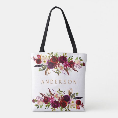 Burgundy Marsala Watercolor Bohemian Floral Tote Bag