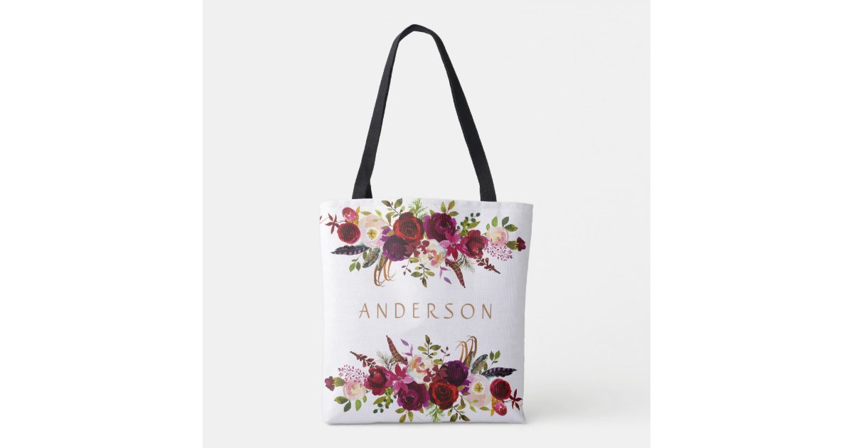 Burgundy Marsala Watercolor Bohemian Floral Tote Bag | Zazzle