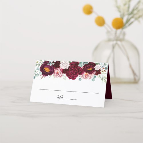 Burgundy Marsala Watercolor Floral Radiant Bloom   Place Card