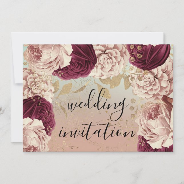 Burgundy Marsala Wedding Rose Blue Roses Floral Invitation (Front)