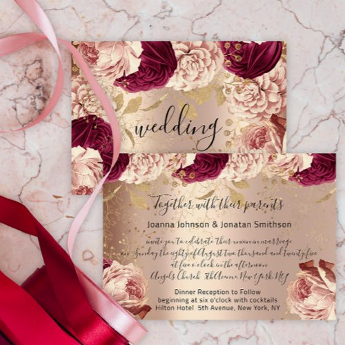 Burgundy Marsala Wedding Rose Gold Roses Pink Invitation