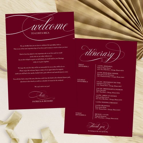 Burgundy Marsala Wedding Weekend Welcome Itinerary Invitation